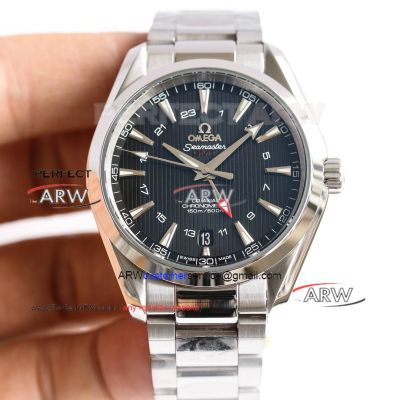Swiss Replica Omega Seamaster Aqua Terra GMT Black Dial Stainless Steel 8605 Movement Watch